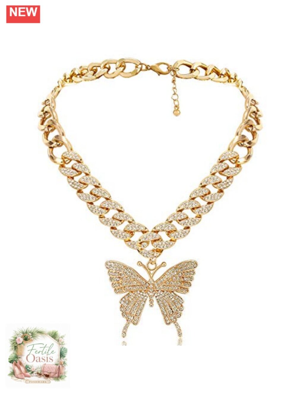 Large Butterfly Rhinestone Choker Necklace, Alloy & Rhinestone, Gold Plated